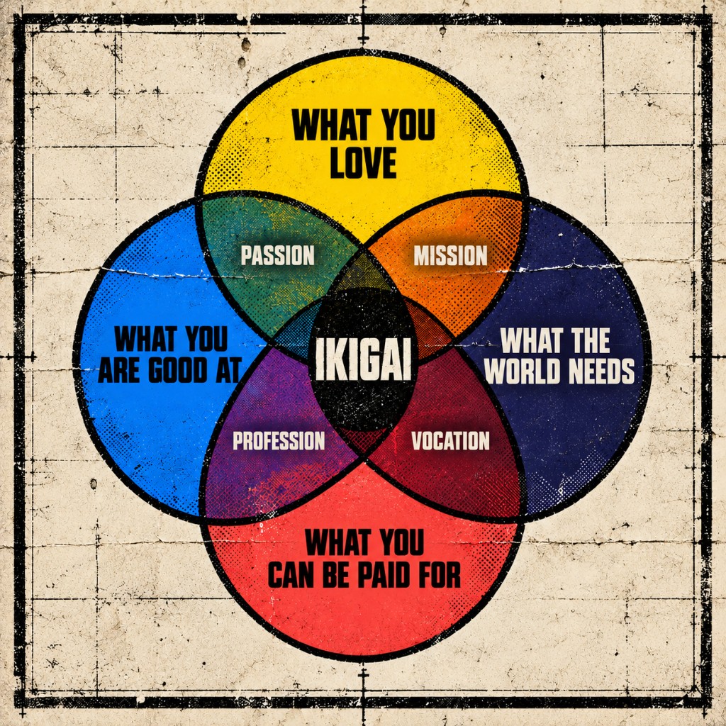 An ikigai diagram: four overlapping circles, What you love, What you are good at, What the world needs and What you can be paid for, overlapping into Passion, Mission, Profession and Vocation, with Ikigai at the centre.